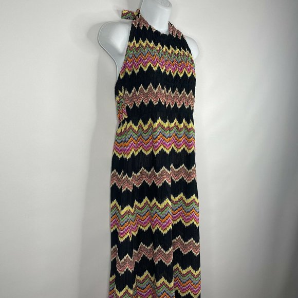 Vintage 70s Leslie J Maxi Halter Dress Size S Black Rainbow Knit Flame Stitch - Picture 3 of 9